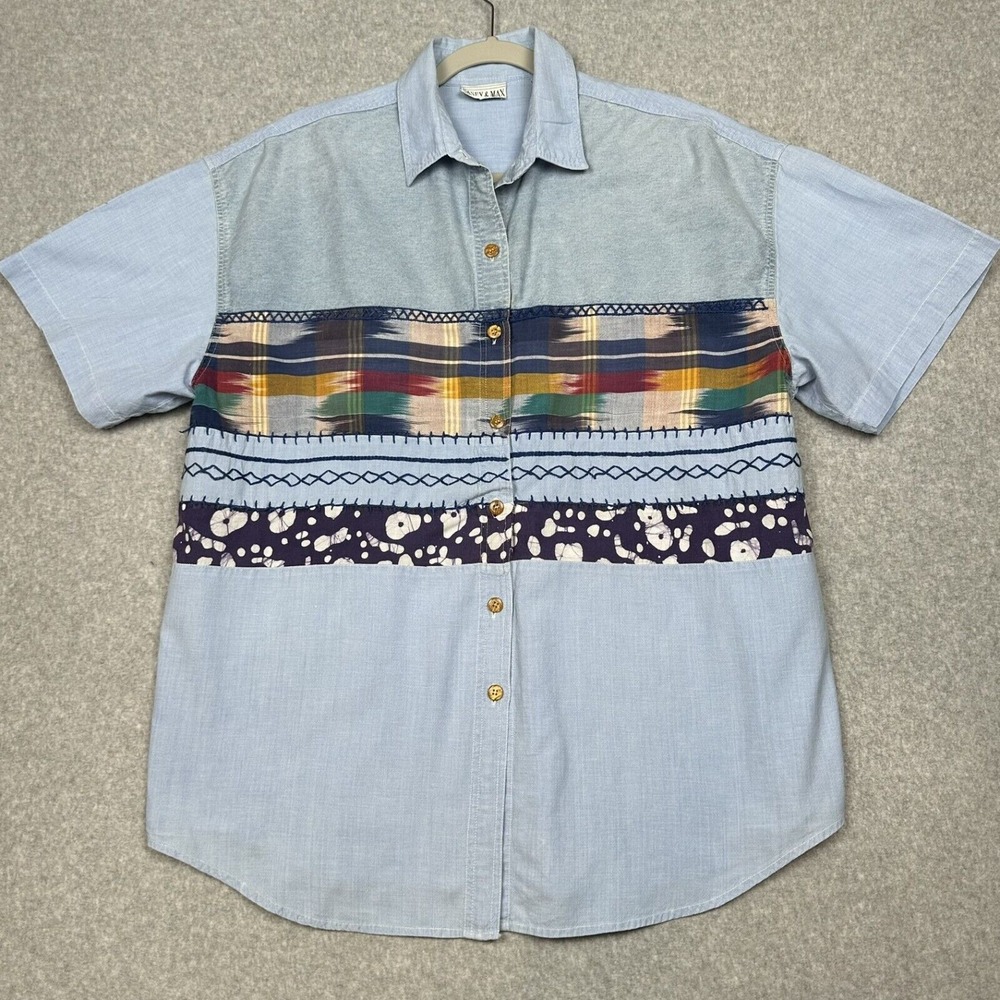 VTG 80s Casey & Max Shirt 20W Chambray Denim Embroidered‎ Button Up Top Tribal